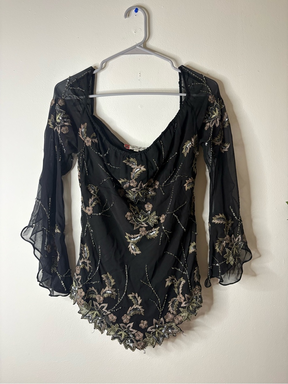 Vintage Aftershock 100% Silk Sheer Floral Embroidered Fairycore Top